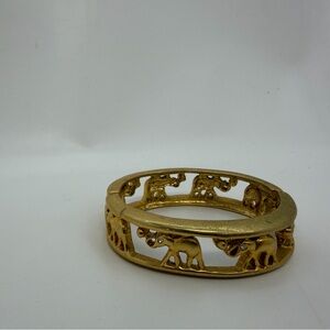 Vintage Elephant Hinged Bangle Rhinestone Eyes Gold Tone Open Work Bracelet